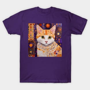 Gustav Klimt Style Tabby Cat Kitten with Green Eyes in a Starry Night T-Shirt